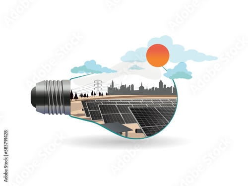 The energy of the future: A photovoltaic plant with solar panels transforms the sun's rays into usable electrical energy on the ground and in the background trees, electricity grid and silhouette of b