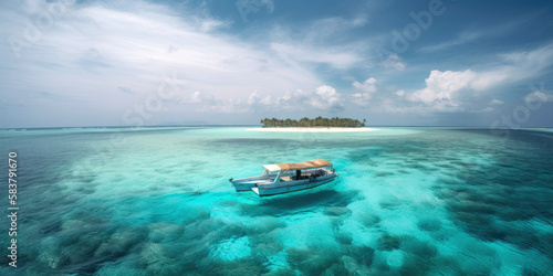 Fishing boat on the shore. Amazing paradise islands of Maldives. Generative AI © piai