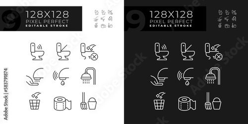 Public toilets service pixel perfect linear icons set for dark, light mode. Restrooms using rules. Conveniences. Thin line symbols for night, day theme. Isolated illustrations. Editable stroke