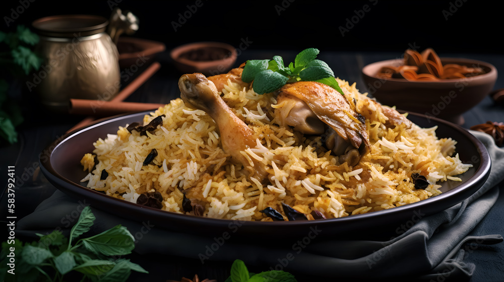 Abstract art. Colorful painting art of an exquisite plate of food. Chicken biryani. Generative AI. Abstract art. Colorful painting art of an exquisite plate of food. Chicken biryani. Generative AI.
