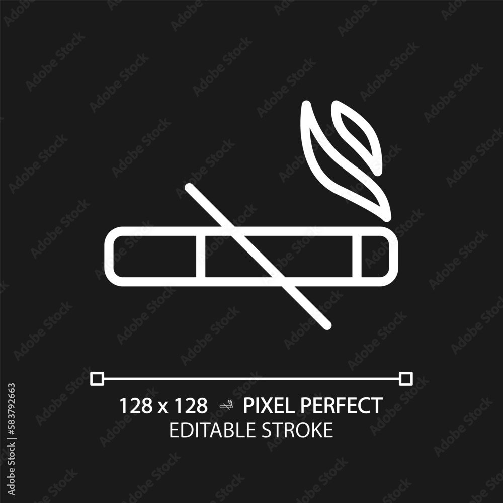 No smoking pixel perfect white linear icon for dark theme. Cigarettes ban sign. Important rule of toilet room usage. Thin line illustration. Isolated symbol for night mode. Editable stroke No smoking pixel perfect white linear icon for dark theme. Cigarettes ban sign. Important rule of toilet room usage. Thin line illustration. Isolated symbol for night mode. Editable stroke