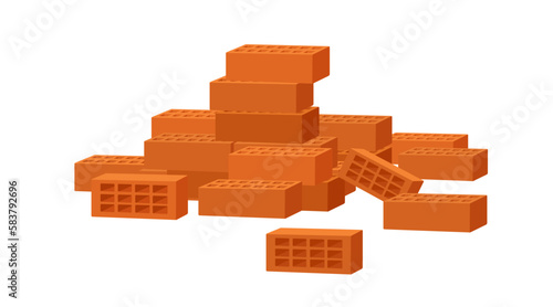 Red clay bricks pieces heap. Brown construction material. Rectangle building units, stacked blocks pile for masonry, repair, renovation. Flat vector illustration isolated on white background