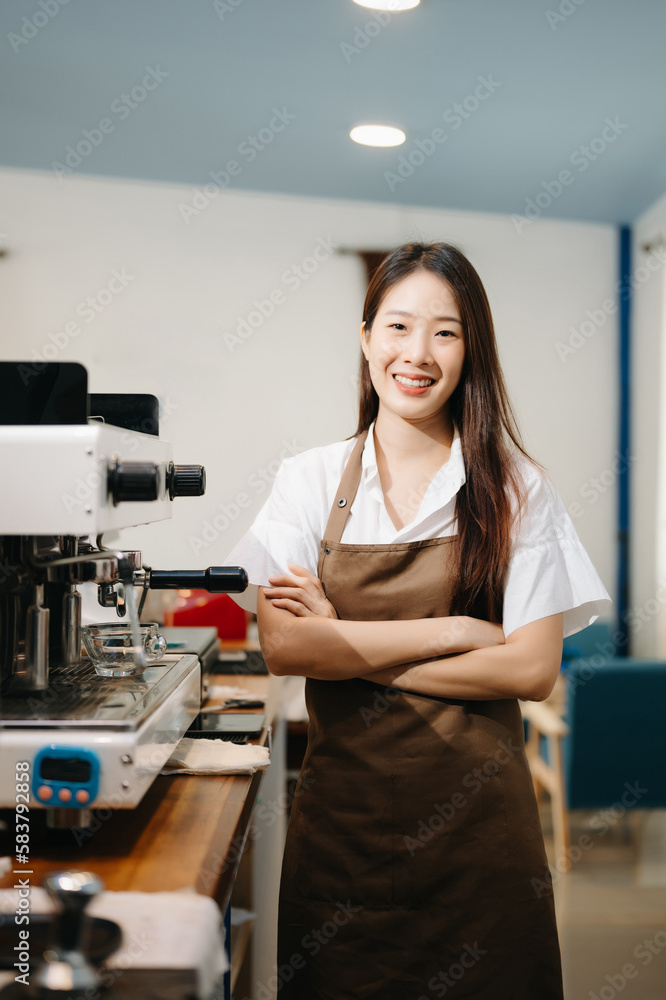 Startup successful small business owner sme woman stand with tablet  in cafe. woman barista cafe owner. .