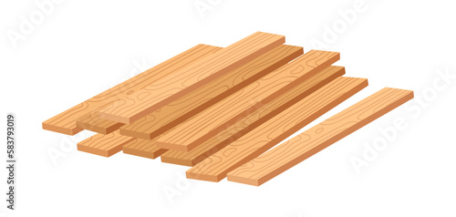 Wood planks pieces, pile. Wooden timber, long boards heap. Construction natural material, hardboard for building. Flat vector illustration isolated on white background