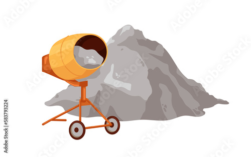 Cement heap and concrete mixer. Industrial mixing equipment, building material pile. Construction industry. Flat vector illustration isolated on white background
