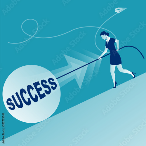 Achieve success. A difficult way on the path to success. Businesswoman goes to the goal and pulls a big stone. Vector illustration flat design. Isolated on background.