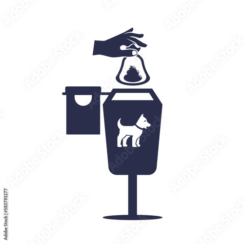 Clean up the shit. The man in hand holds a bag of poop, throw it in the trash. Clean up after your pet. Social rules. Pick up and remove. Vector illustration flat design.