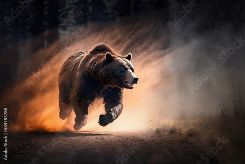 bear running from blazing wildfire, with flames and smoke in pursuit, created with generative ai photo