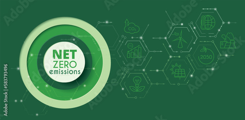 Net zero and carbon neutral concept. Hexagon banner on green background. Net zero greenhouse gas emissions target. Vector illustration.