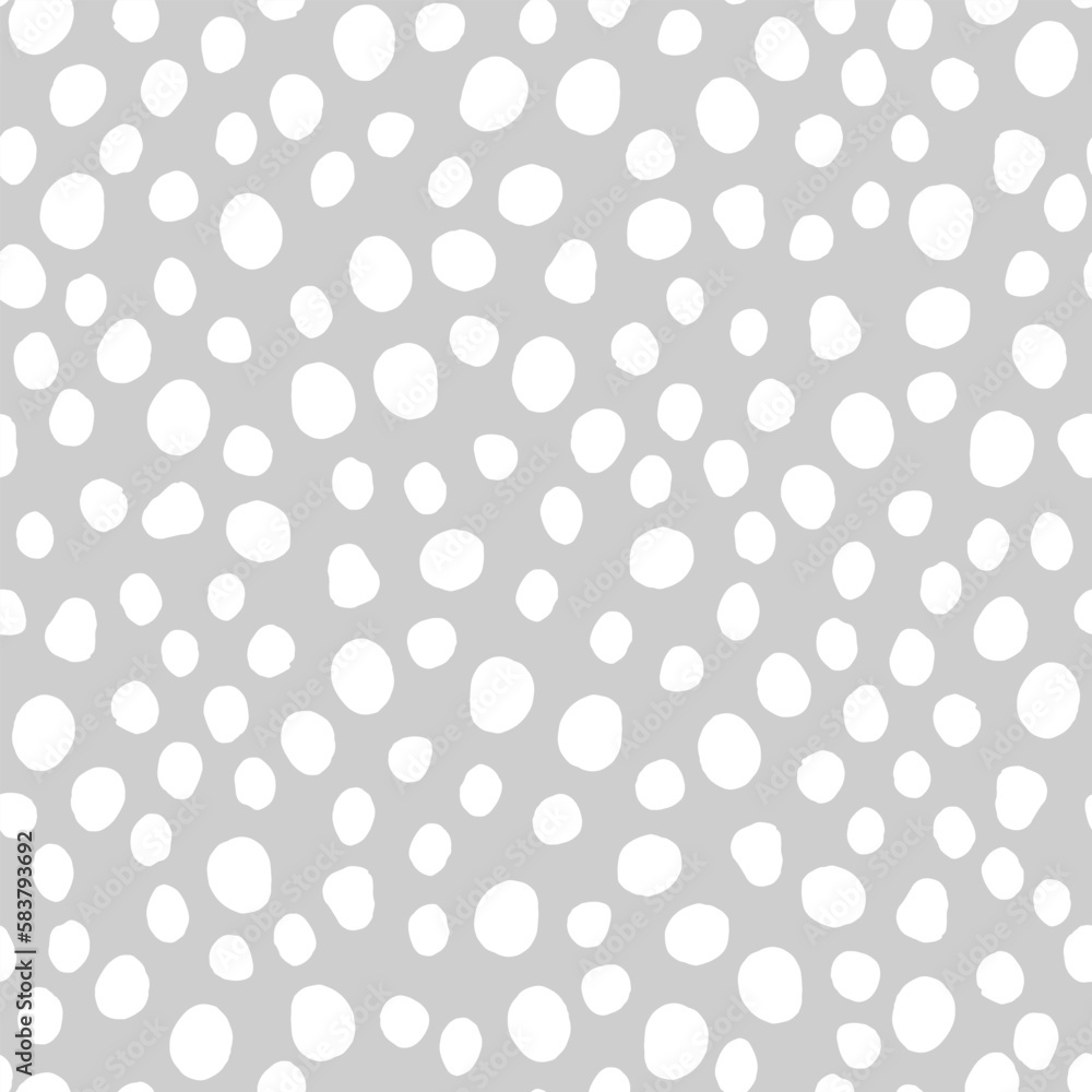 Seamless neutral polka dots pattern. White hand-drawn circles isolated on Grey background. Abstract Random points ornament. Vector illustration for wallpaper, fabric, print, wrapping paper, textile Seamless neutral polka dots pattern. White hand-drawn circles isolated on Grey background. Abstract Random points ornament. Vector illustration for wallpaper, fabric, print, wrapping paper, textile