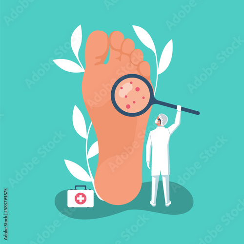 Podiatry concept. Landing Page feet treatment. Doctors podiatrists inspect and treat the feet. Pathology and Illness treatment. Clinic podology. Vector illustration flat design.