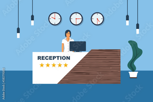 Hotel reception. Registration stand. Woman registrar accepts the client. Hotel booking concept. Reception desk. Vector illustration flat design. Manager accepts tourist.