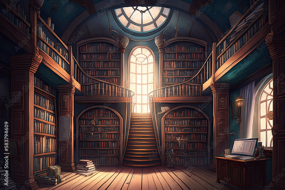 Old library or bookstore with many books on shelves as a digital illustration, generative AI