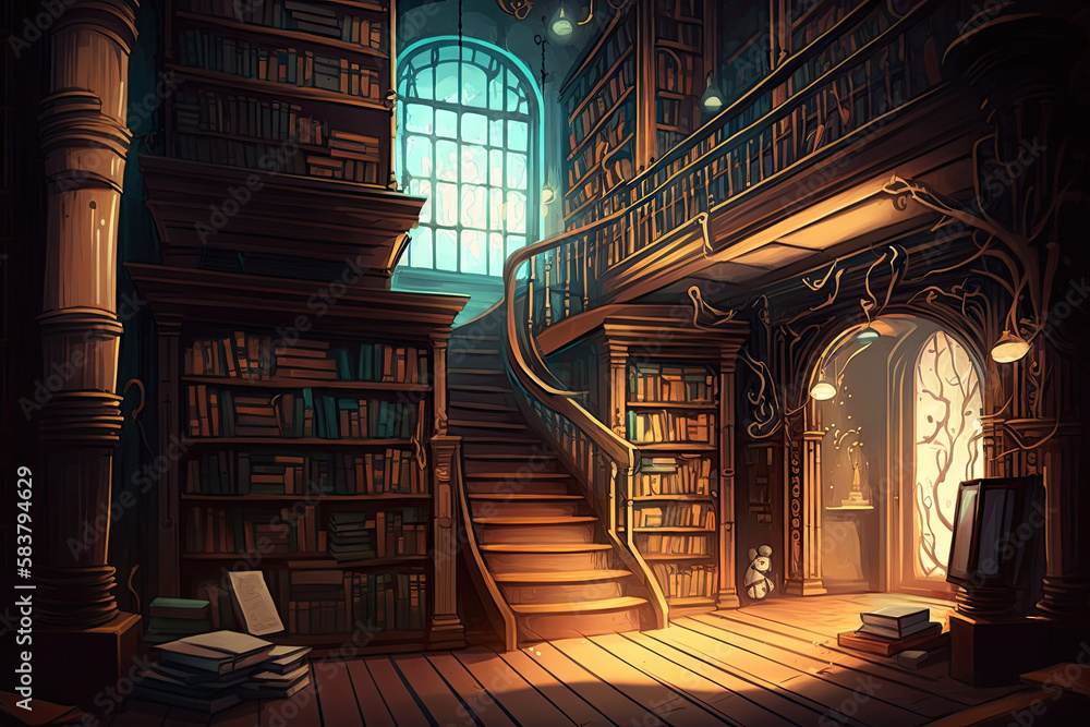 Old library or bookstore with many books on shelves as a digital illustration, generative AI