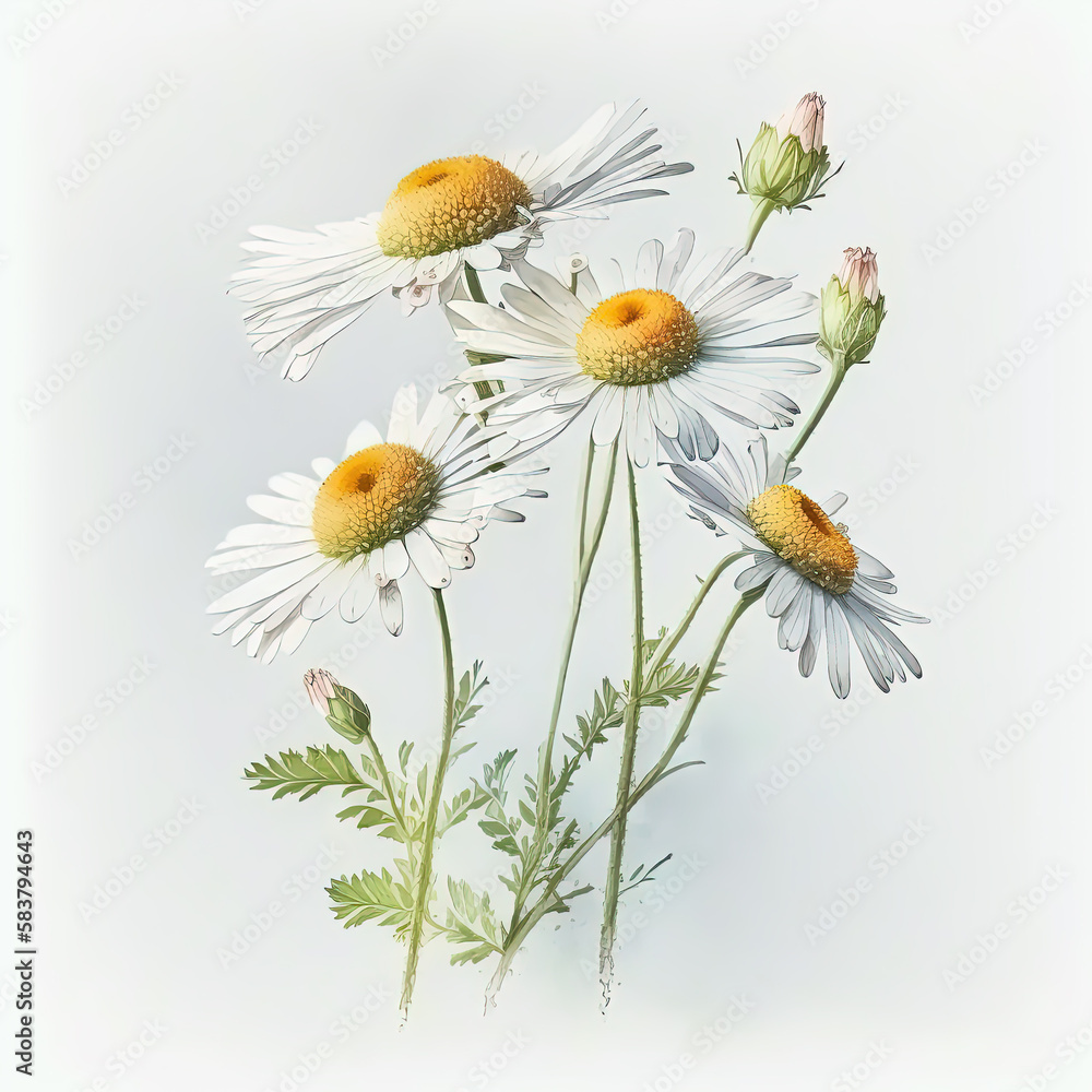 Fototapeta premium Watercolor chamomile illustration on white background. Flower art. Ai generated