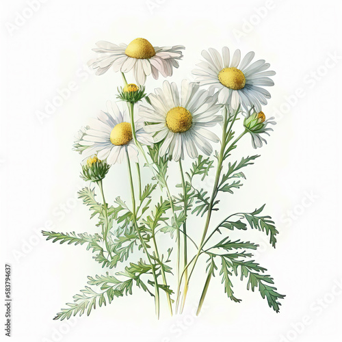Watercolor chamomile illustration on white background. Flower art. Ai generated