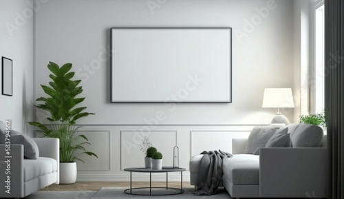 Canvas mockup in modern interior, blank white frame on the wall of living room. Generative Ai.