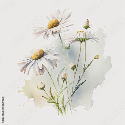 Watercolor chamomile illustration on white background. Flower art. Ai generated