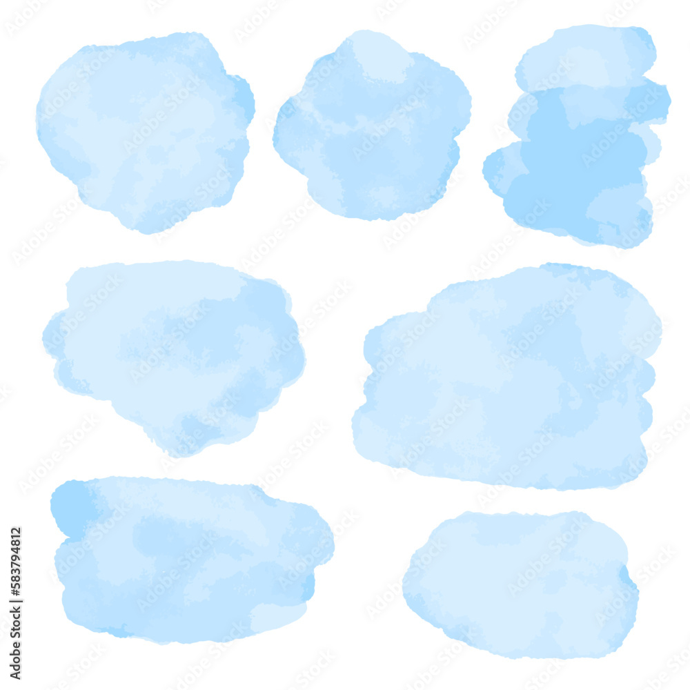 Abstract watercolor blue spots. Splashes for background, watermark and design. Strokes of various shapes. Set vector illustration
