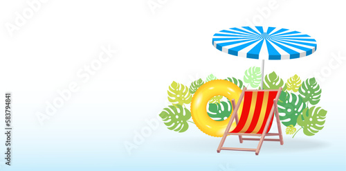 Isolated realistic 3d objects. Illustration of travel, tourism during vacation.
Chaise longue, swimming ring, umbrella, seashore.