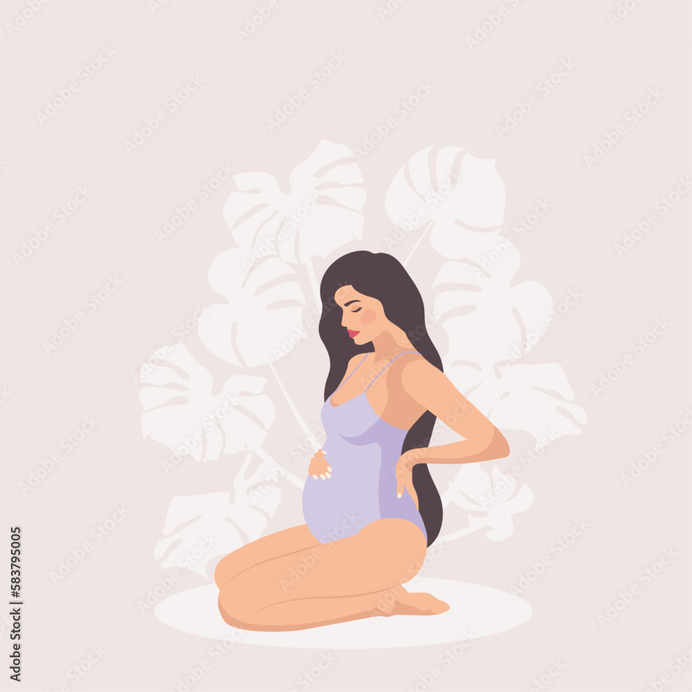 Banner with pregnant elegant woman, future mom hugging belly with arms. Happy Mother's Day. Flat vector illustration.