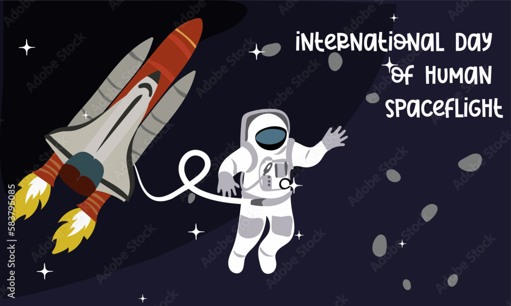 International Day of Human Spaceflight. A space rocket is flying into space with an astronaut overboard, exploring other planets. Banner for the World Cosmonautics Day. Space day. An astronaut flies - obrazy, fototapety, plakaty 