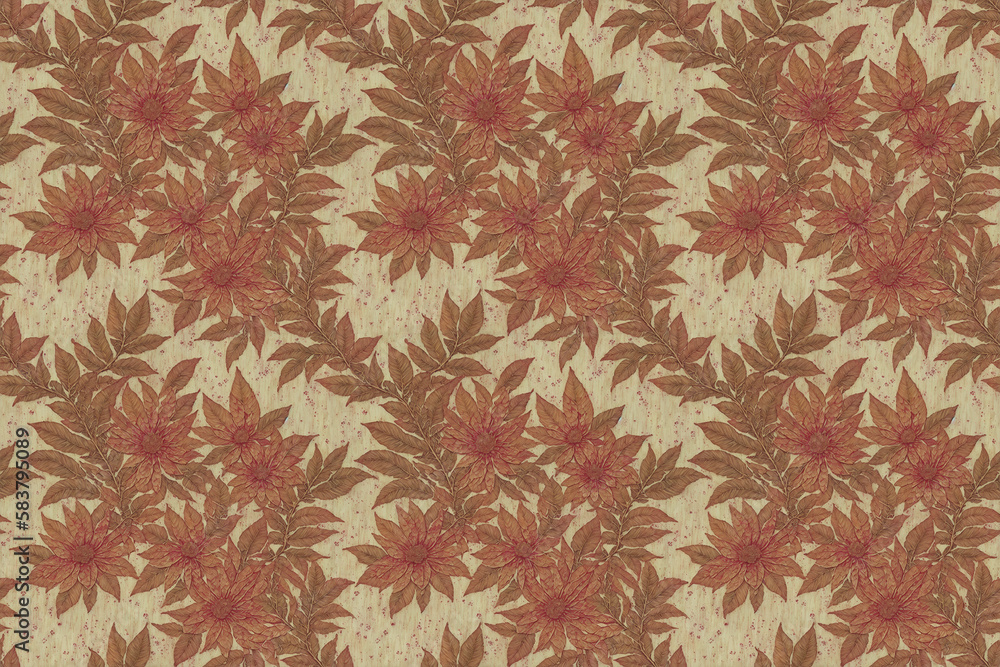 Fototapeta premium Seamless pattern with floral abstract background. Herbarium ecoprint leaves, botanical printmaking. Generative AI