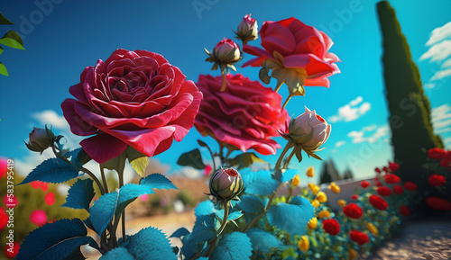 red poppies in the sky, red rose in the sky, red rose petals, flower in the sky, orange flower on sky background, flower garden