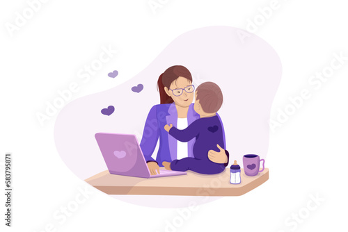 Woman mother freelancer working from home with child. Vector illustration. Work during motherhood.