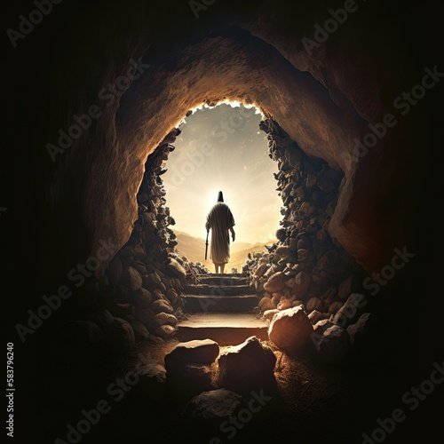 Resurrection of Jesus Christ, empty tomb, Jesus coming out of the tomb. Cricifix. Religion and the bible. Easter or Resurrection concept. Generative AI