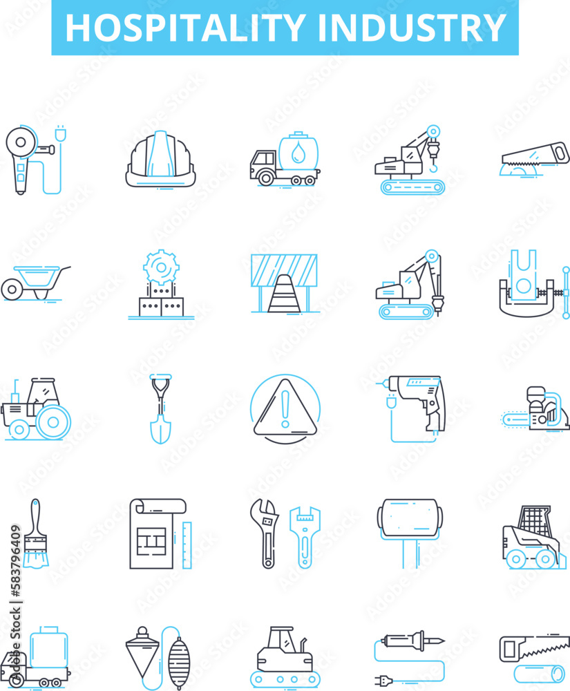 Hospitality industry vector line icons set. Hospitality, Industry, Tourism, Hotels, Restaurants, Catering, Accommodation illustration outline concept symbols and signs