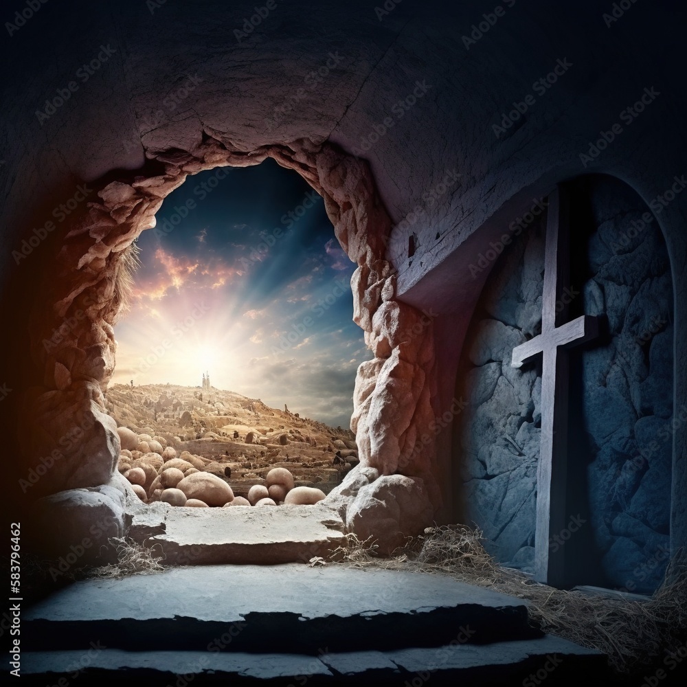 Resurrection of Jesus Christ, empty tomb, Jesus coming out of the tomb. Cricifix. Religion and