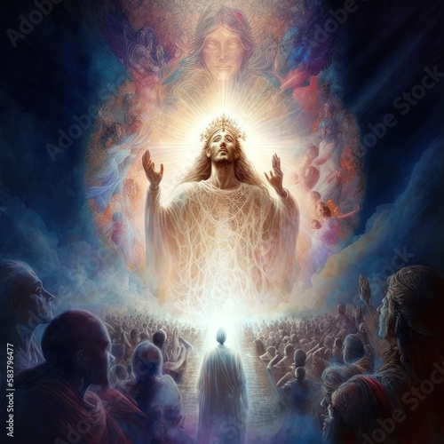 Fotografie, Obraz Illustration revelation of Jesus Christ, new testament, religion of christianity, heaven and hell over the crowd of people, Jerusalem of the bible