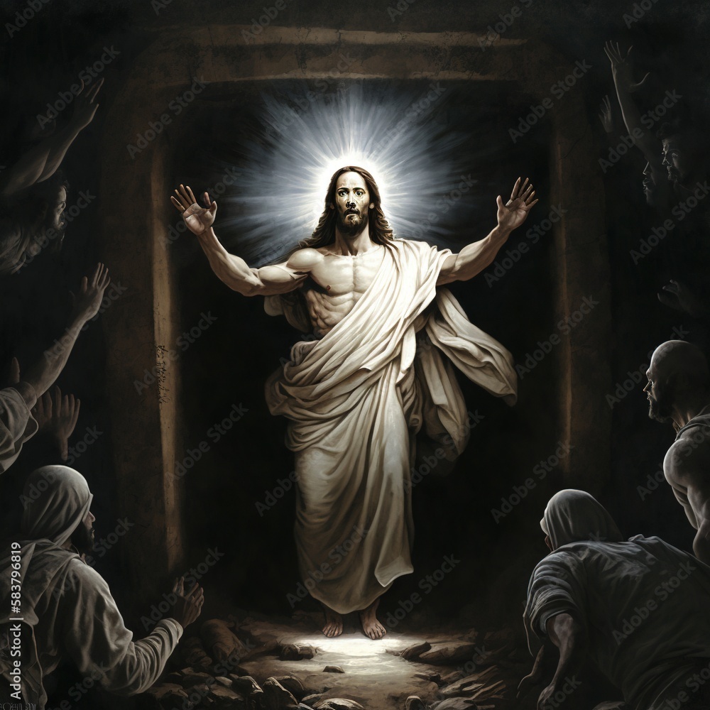 Illustration revelation of Jesus Christ, new testament, religion of christianity, heaven and hell over the crowd of people, Jerusalem of the bible. Generative AI Illustration revelation of Jesus Christ, new testament, religion of christianity, heaven and hell over the crowd of people, Jerusalem of the bible. Generative AI