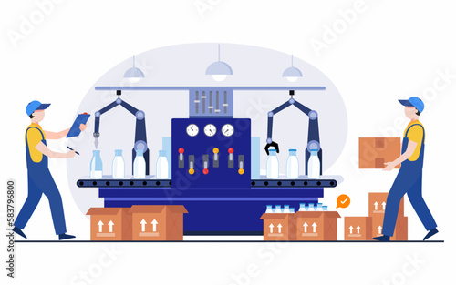 Workers controlling conveyor belt line robotic hands factory and checking milk packaging in milk factory.
