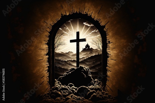 Resurrection of Jesus Christ, empty tomb, Jesus coming out of the tomb. Cricifix. Religion and the bible. Easter or Resurrection concept.  Generative AI photo