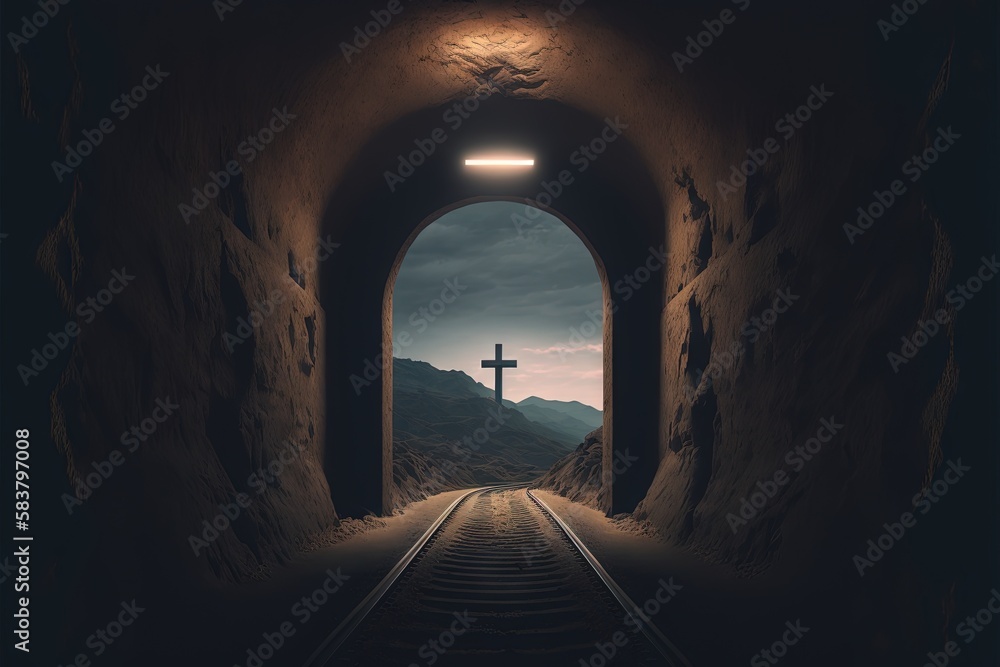 Resurrection of Jesus Christ, empty tomb, Jesus coming out of the tomb. Cricifix. Religion and the bible. Easter or Resurrection concept.  Generative AI
