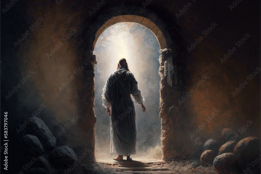 Obraz premium Resurrection of Jesus Christ, empty tomb, Jesus coming out of the tomb. Cricifix. Religion and the bible. Easter or Resurrection concept. Generative AI