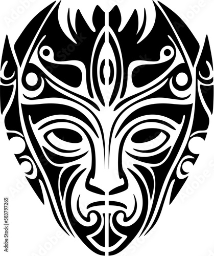 Vector tattoo of a Polynesian god mask in black and white.