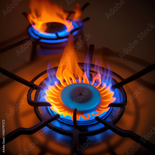 Fire of a gas stove burner, orange and blue flame of gas. AI-generated image.