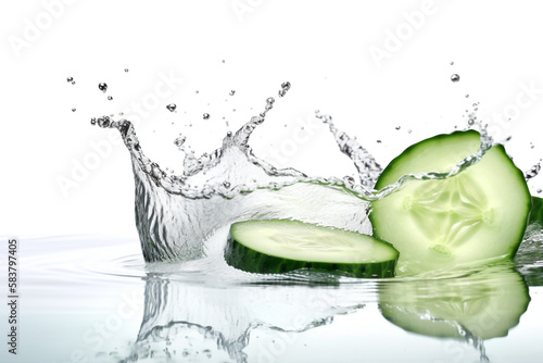 Water splash on white background with Cucumber slices. generative ai	