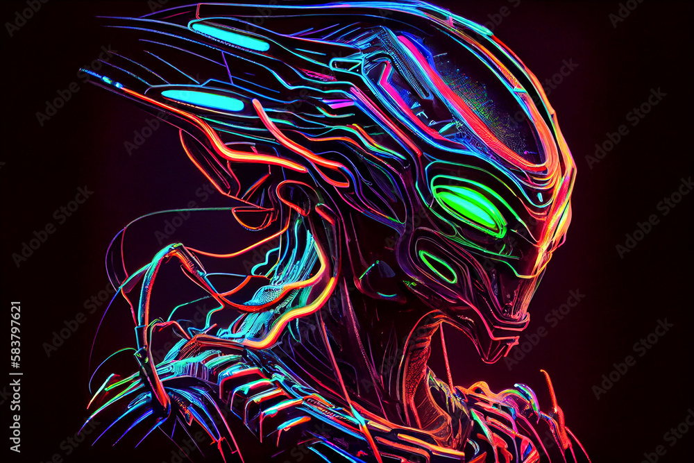 alien neon sticker print in dark illustration Generative AI