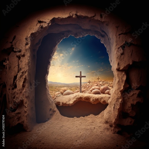 Resurrection of Jesus Christ, empty tomb, Jesus coming out of the tomb. Cricifix. Religion and the bible. Easter or Resurrection concept. Generative AI