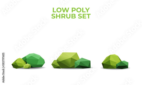 Collection of stylized low poly shrub. Vector 3D Illustration.