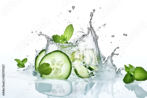 Water splash on white background with Cucumber slices. generative ai 