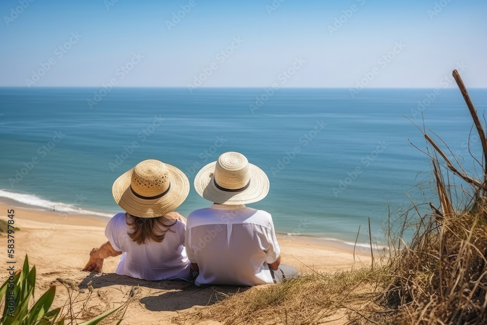 Couple in straw hats looking out over the beach. Generative AI