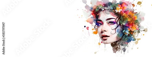 beautiful woman with flowers watercolor ,International Women's Day, happiness woman watercolor, Generative Ai