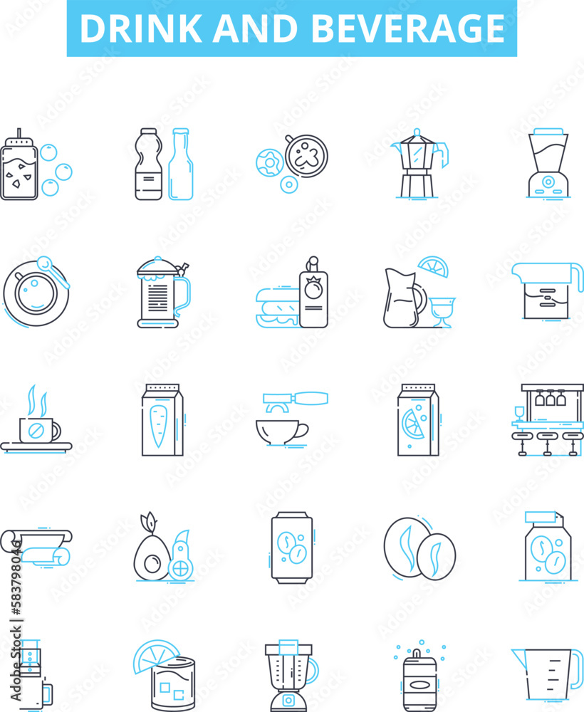 Drink and beverage vector line icons set. Drink, Beverage, Juice, Coffee, Tea, Beer, Wine illustration outline concept symbols and signs Drink and beverage vector line icons set. Drink, Beverage, Juice, Coffee, Tea, Beer, Wine illustration outline concept symbols and signs