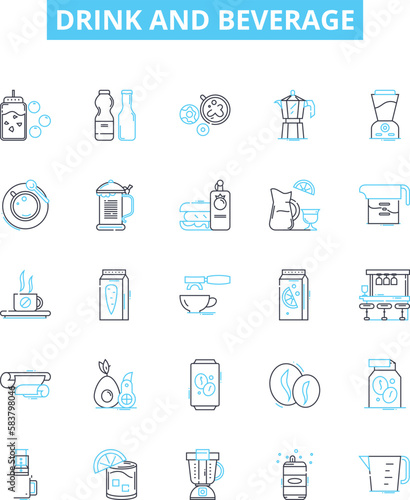 Drink and beverage vector line icons set. Drink, Beverage, Juice, Coffee, Tea, Beer, Wine illustration outline concept symbols and signs