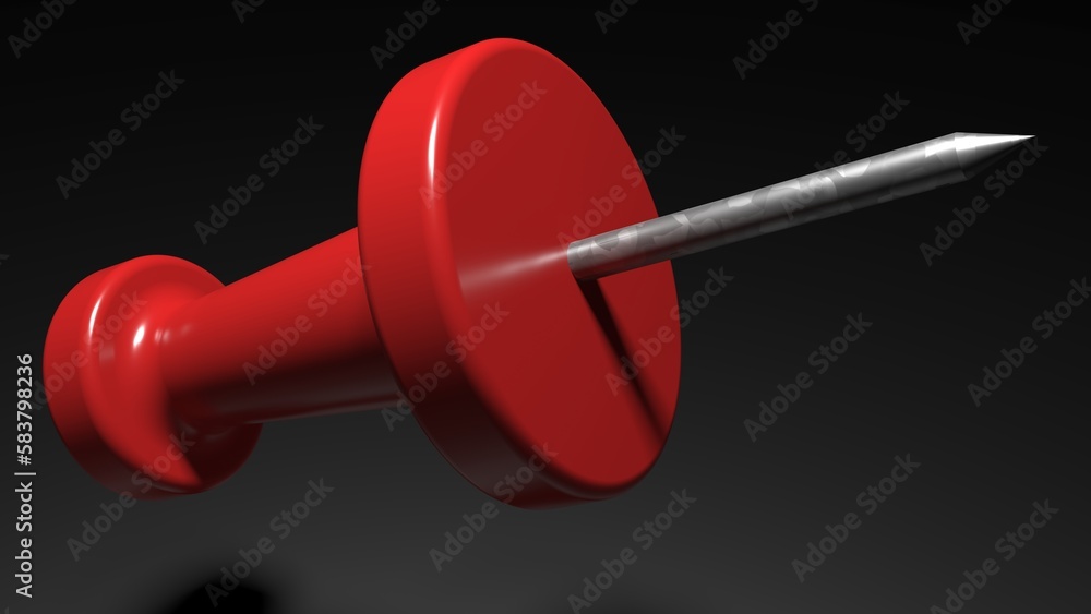 Red Thumb pin with steel tip. Notice board pin isolated on black background. Red Push pin design 3d render Red Thumb pin with steel tip. Notice board pin isolated on black background. Red Push pin design 3d render